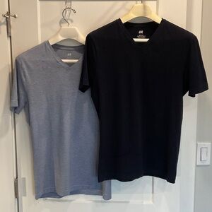 H&M Men’s V-Neck T-Shirt - Navy and Light Heather Blue. Sold as a set.